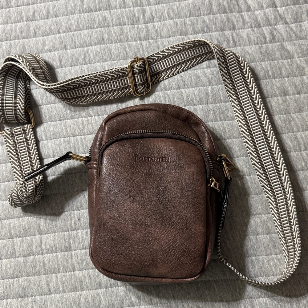 Brown Crossbody Bag with Patterned Strap